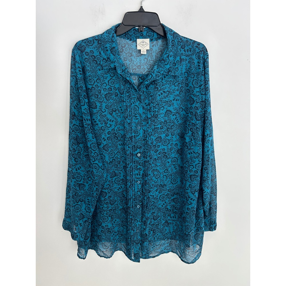 St Johns Bay‎ Teal Blue Floral Pintuck Button Down Blouse Plus Size 2X